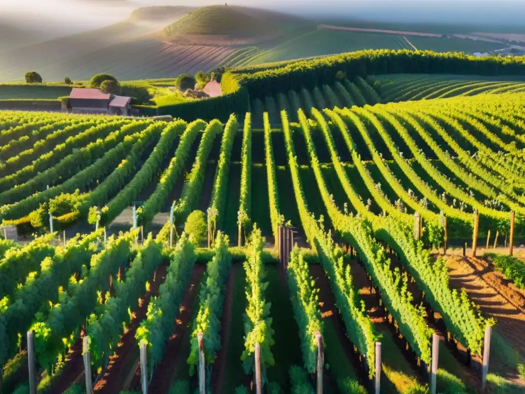 Un paisaje de viñedos exuberantes en la Ruta del Vino Uruguay aventura, con hileras de uvas y una bodega rústica al fondo