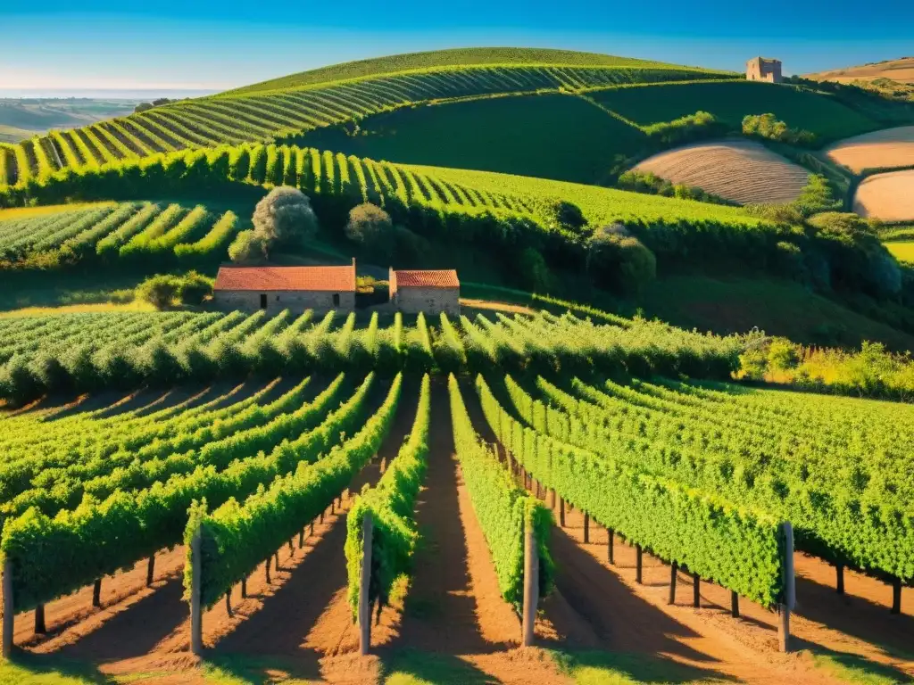 Un paisaje de viñedos verdes en colinas uruguayas con trabajadores y bodega, evocando la historia del vino en Uruguay