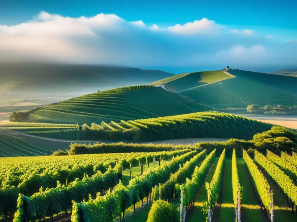 Un paisaje de viñedos verdes en colinas, trabajadores atendiendo las vides con montañas al fondo en la Ruta del vino Uruguay aventura