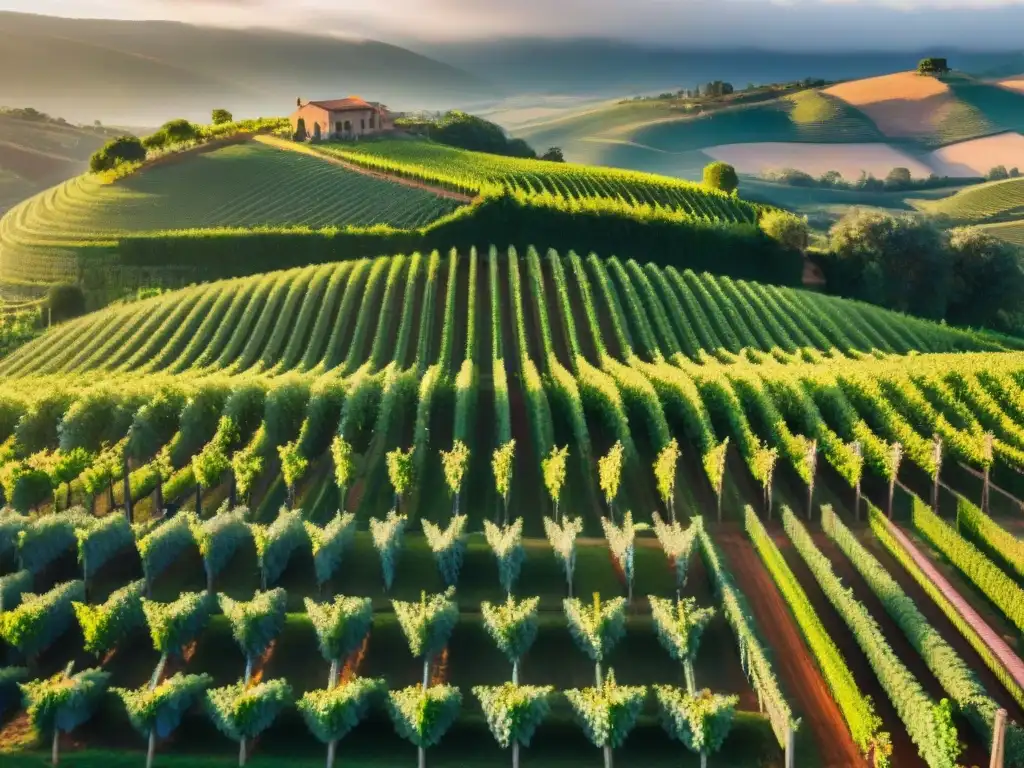 Un paisaje de viñedos verdes en Uruguay con el sol poniente, invitando a visitas a bodegas en Uruguay