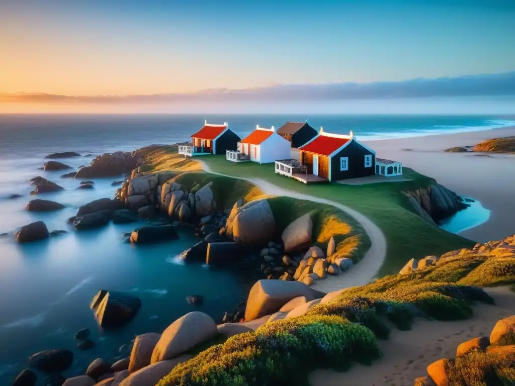 Fotografía de paisajes en Uruguay: Atardecer dorado en Cabo Polonio con casas rústicas a la orilla del mar