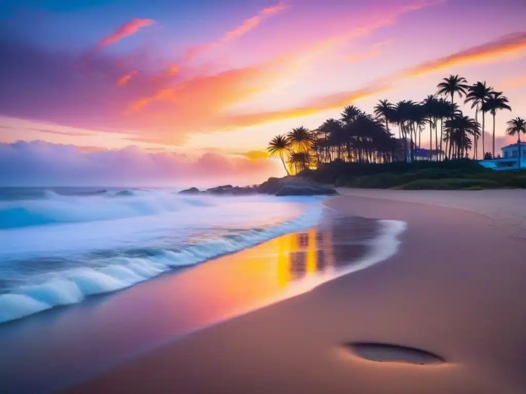 Fotografía de paisajes en Uruguay: Atardecer vibrante en Punta del Este con cielo anaranjado y rosa, reflejado en el mar tranquilo