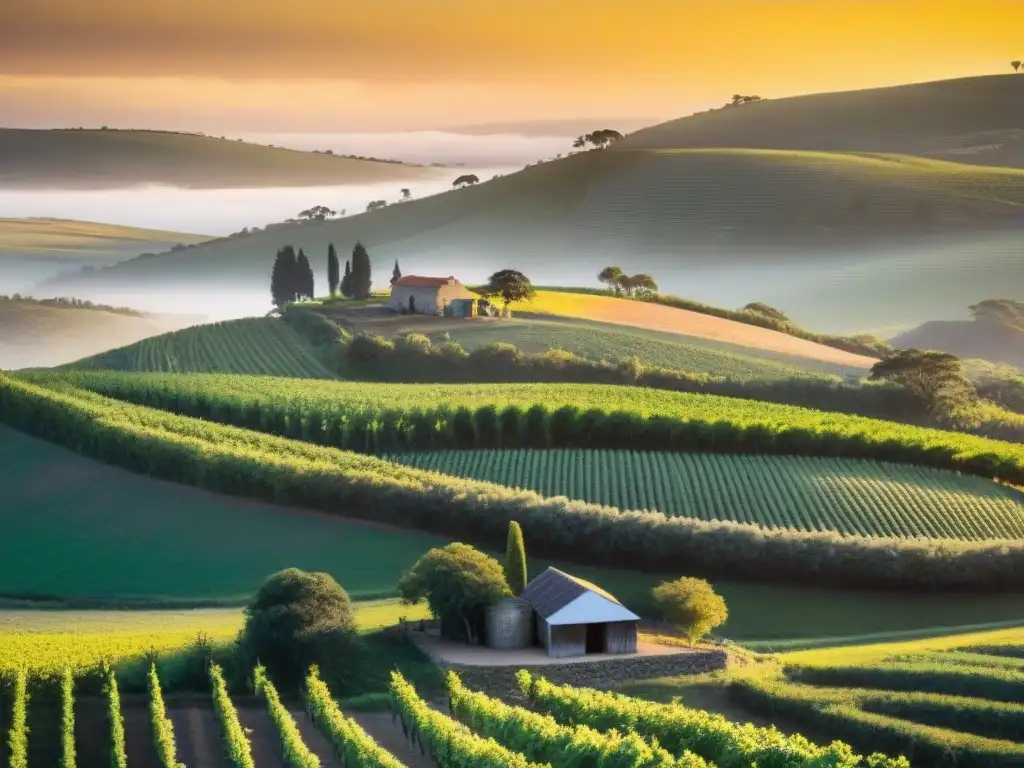 Fotografiando paisajes emblemáticos Uruguay: Viñedos en colinas al atardecer, barril de vino y casa rural