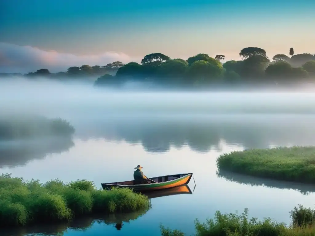 Paisajes fluviales del río Uruguay al amanecer, con niebla sobre el agua y un bote solitario, creando una atmósfera serena y mágica