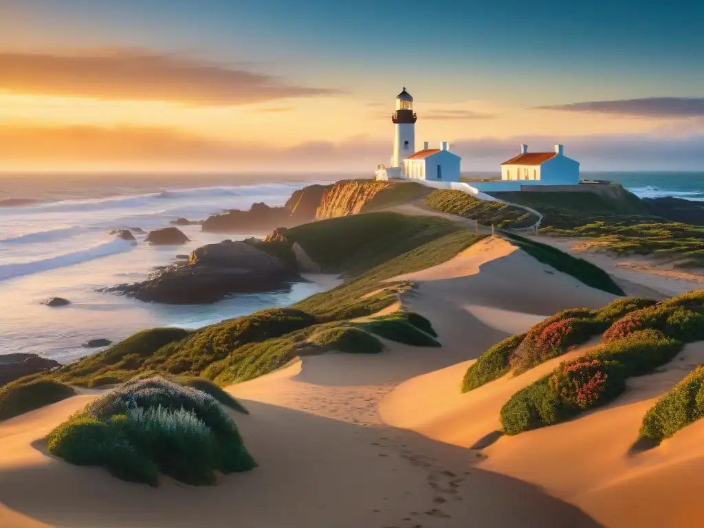 Fotografía de paisajes en Uruguay: Majestuoso atardecer en Cabo Polonio con su icónico faro y la belleza natural salvaje que lo rodea