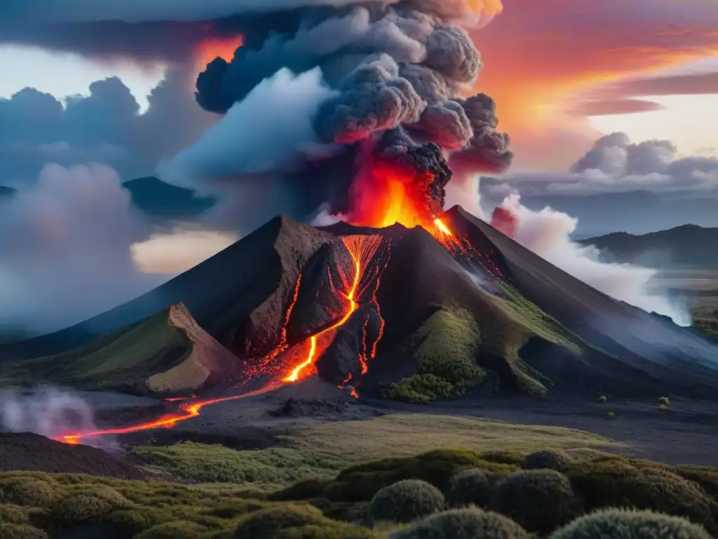 Fotografiando paisajes volcánicos en Uruguay: Una erupción impresionante al atardecer, con lava fluyendo por el volcán y un cielo colorido