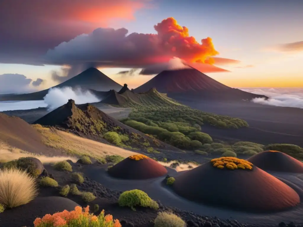 Fotografiando paisajes volcánicos en Uruguay: Amanecer impresionante con colores vibrantes sobre montañas y rocas volcánicas