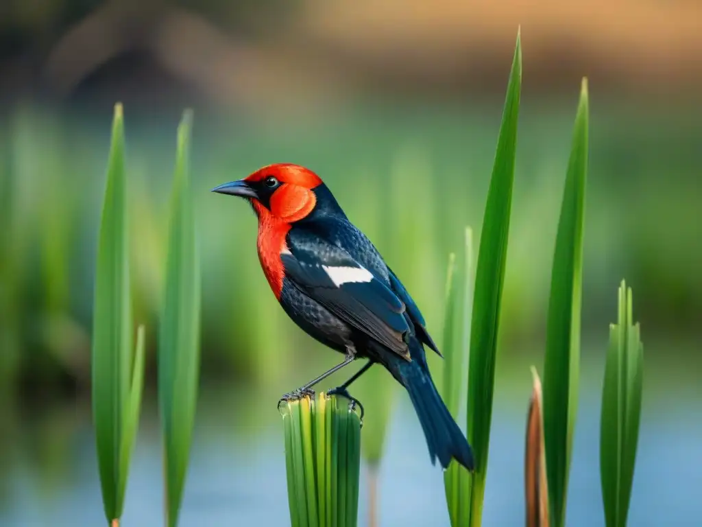 Un pájaro negro con cabeza roja se posa en una caña verde en un humedal tranquilo de Uruguay, destacando la belleza de su plumaje y ojos brillantes