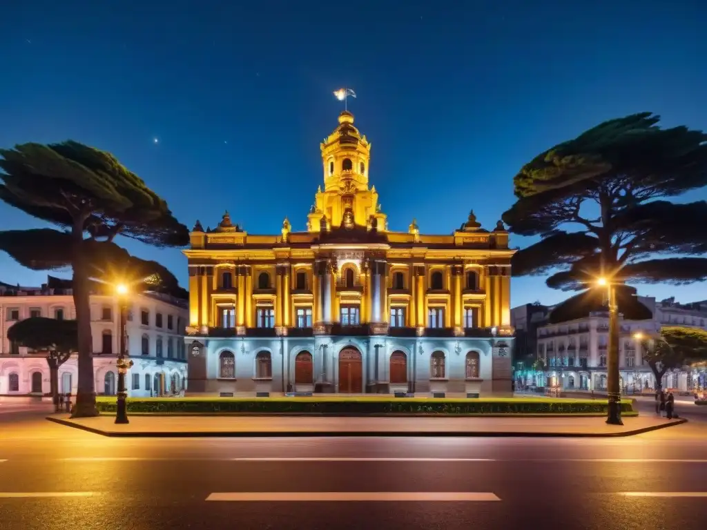 Palacio Salvo en Montevideo iluminado de noche, detalle arquitectónico con luces cálidas