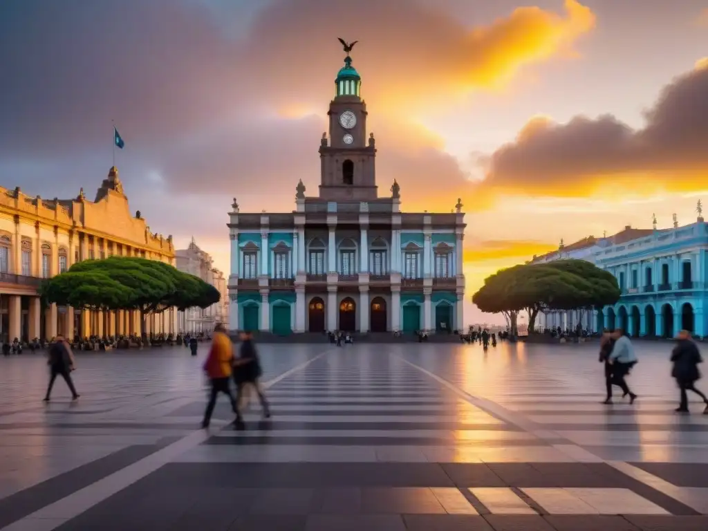 Palacio Salvo en Plaza Independencia al atardecer, recorridos privados ciudades coloniales Uruguay