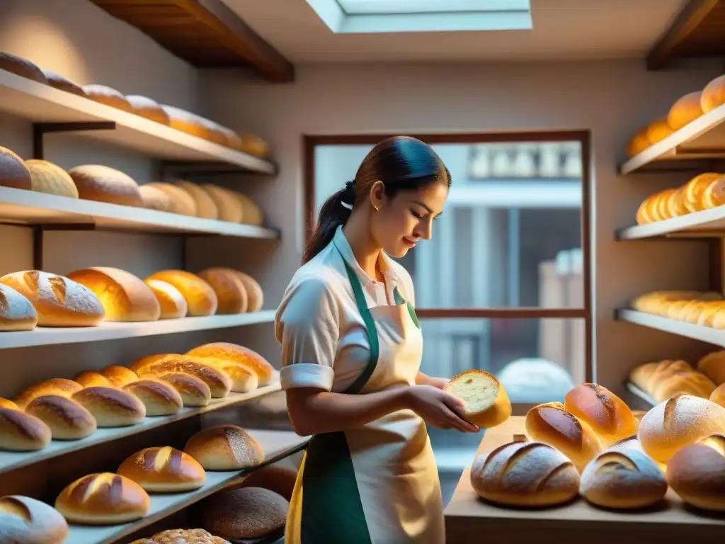 Dentro de una panadería de alta gama en Uruguay, clientes disfrutan de exquisitos panes y pasteles mientras un panadero trabaja en la cocina