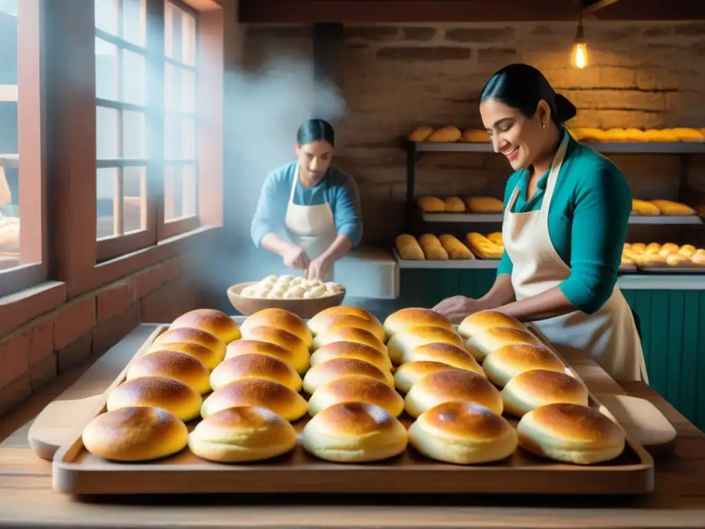 En una panadería tradicional uruguaya, se ven bizcochos recién horneados y un panadero experto trabajando la masa