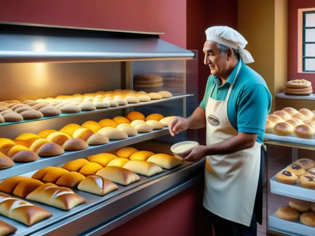 Una panadería tradicional uruguaya llena de actividad, con bizcochos recién horneados y clientes entusiasmados