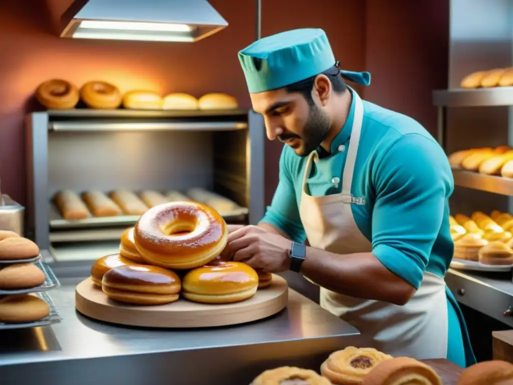 Una panadería tradicional uruguaya llena de pasteles recién horneados como medialunas, churros y bizcochos