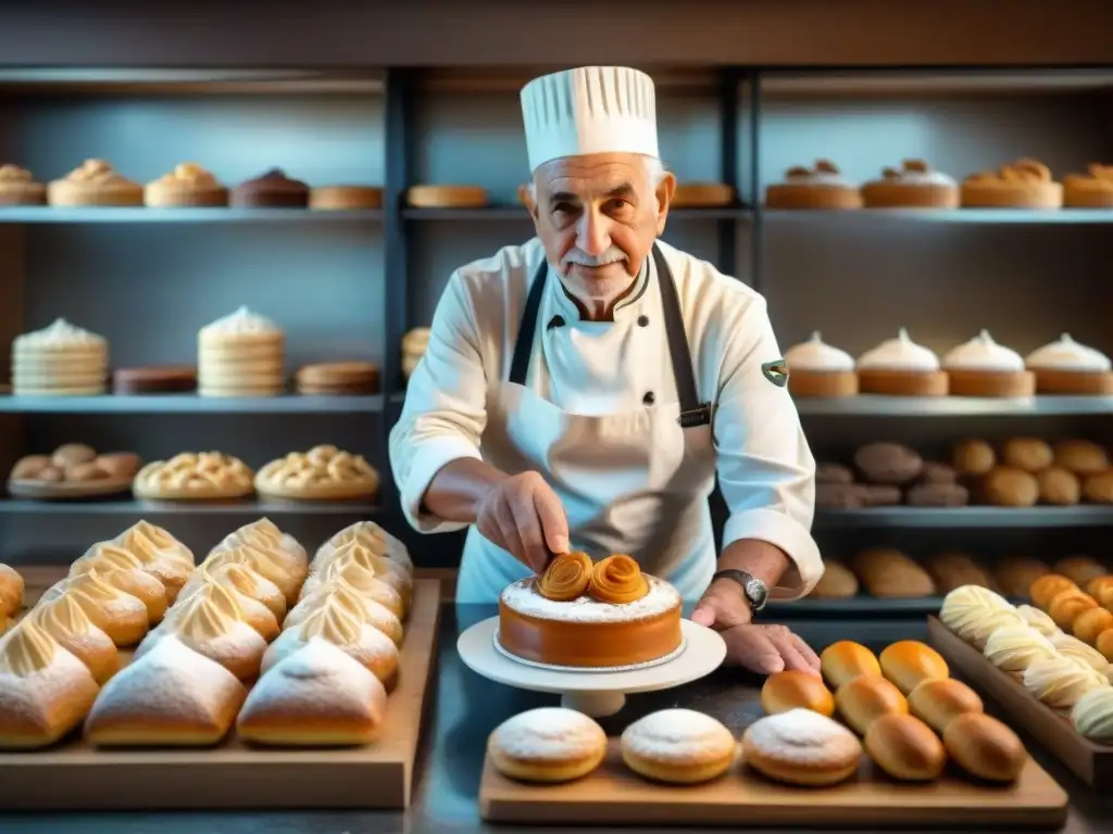 Un panadero anciano decora un pastel de dulce de leche en una panadería tradicional en Uruguay, rodeado de pasteles y bizcochos recién horneados