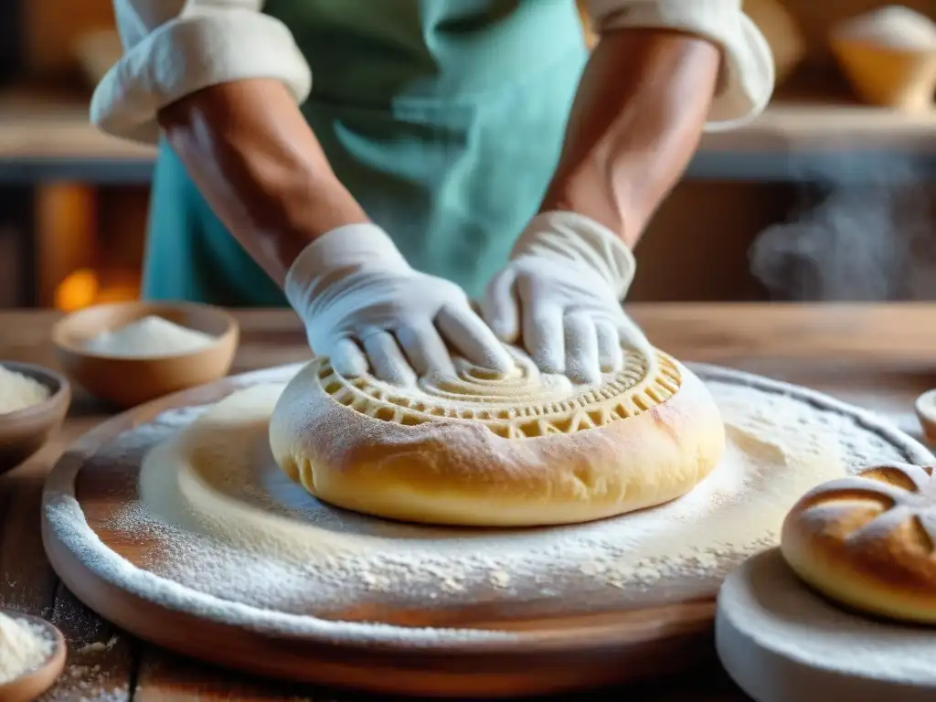 Panadero uruguayo experto moldeando masa con arte y precisión, en una panadería de alta gama en Uruguay