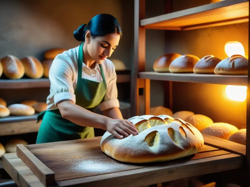 Panadero uruguayo amasando masa en una panadería histórica con estantes llenos de pan recién horneado