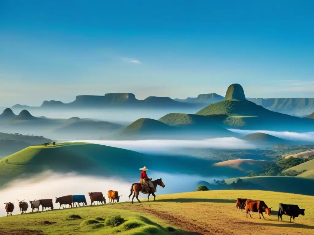 Panorámica impresionante del paisaje de Tacuarembó con gauchos y ganado