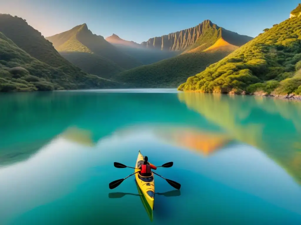 Panorámica de la serena belleza de Laguna de Castillos al amanecer, con kayaks en aguas cristalinas