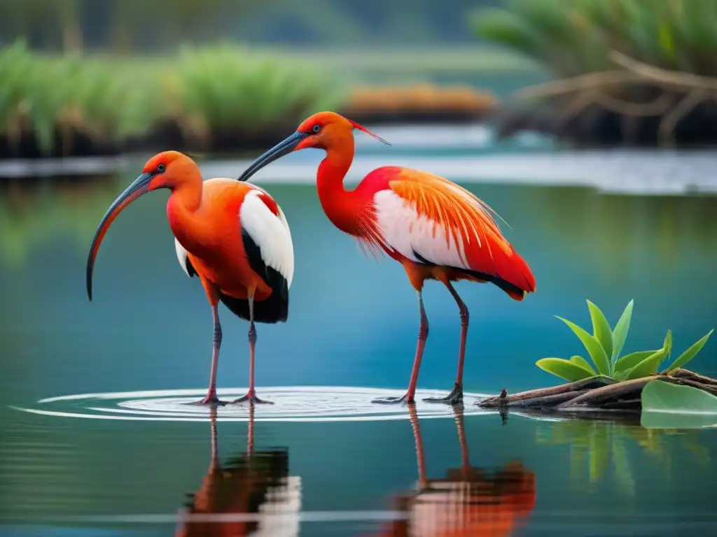 Un par de Ibis Escarlata destaca en Esteros de Farrapos, Uruguay