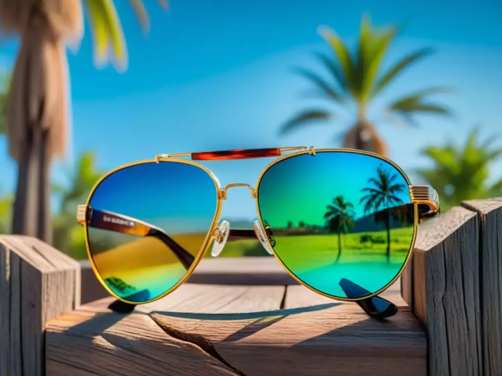 Un par de gafas de sol polarizadas descansando sobre un poste de madera, con palmeras verdes y cielo azul en Uruguay