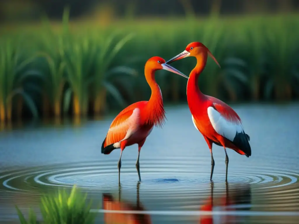 Un par de ibis escarlata en un humedal sereno de Uruguay, destacando sus plumajes rojos en contraste con la vegetación