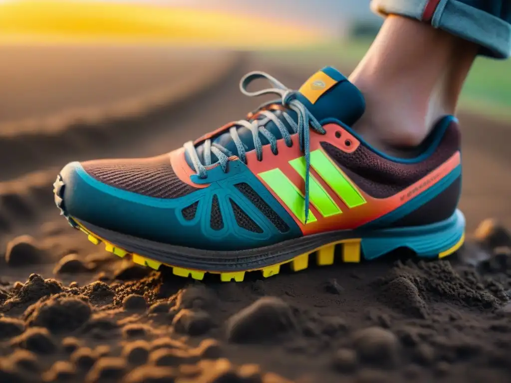 Un par de zapatillas de running coloridas cubiertas de barro al atardecer en Uruguay, reflejando la esencia de las rutas de running en Uruguay