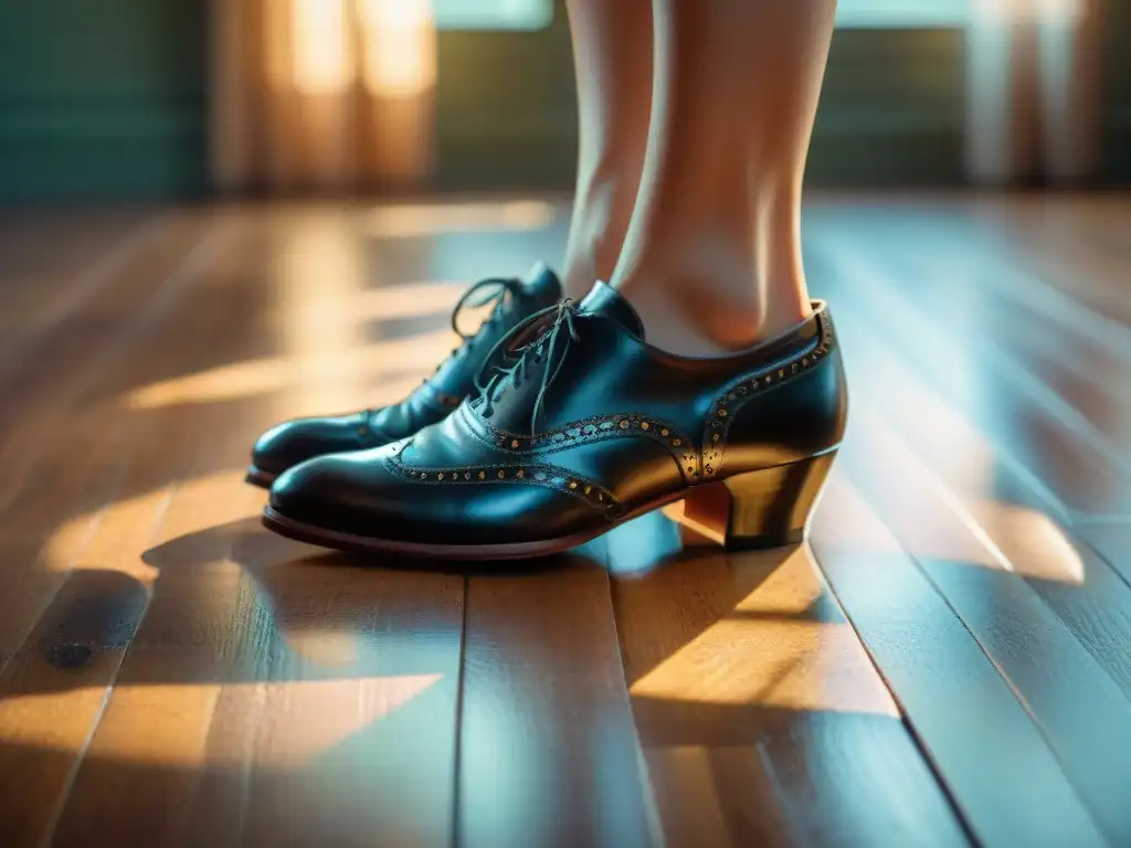 Un par de zapatos de tango desgastados reposan en el suelo de madera, mostrando detalles únicos en el Museo del Tango Uruguay