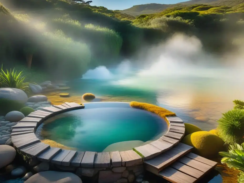 Un paraíso de aguas termales en Uruguay, rodeado de exuberante vegetación y bañado por la luz dorada