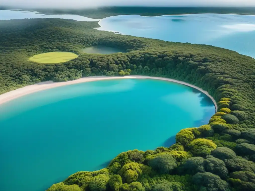 Un paraíso de ecoturismo en Uruguay sostenible: laguna circular rodeada de vegetación y aguas turquesas en Laguna Garzón