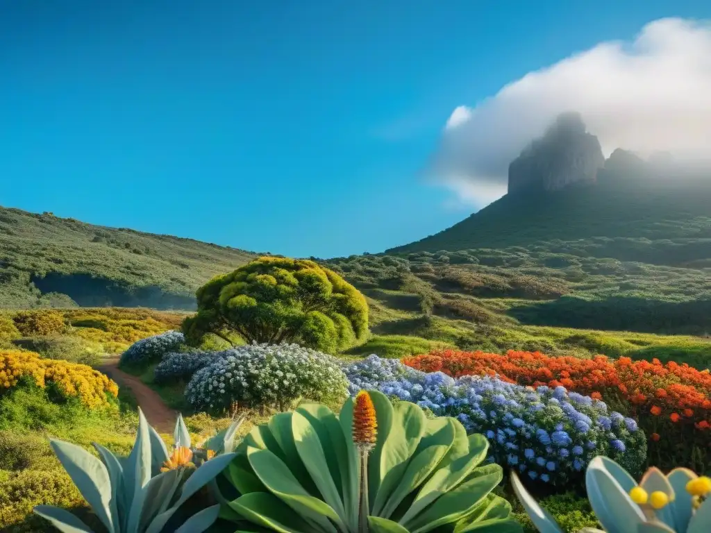 Un paraíso natural en Uruguay con diversidad de plantas nativas y coloridas flores bajo un cielo azul