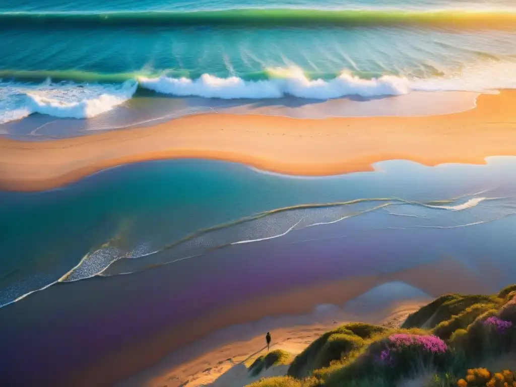 Un paraíso secreto en Uruguay: playa desierta con aguas cristalinas, atardecer cálido y figura solitaria