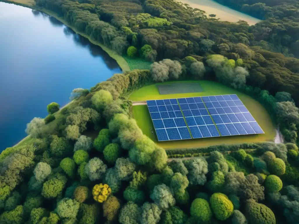 Un paraíso sostenible: ecolodge en Uruguay con paneles solares, huéspedes disfrutando de actividades al aire libre y un río sereno