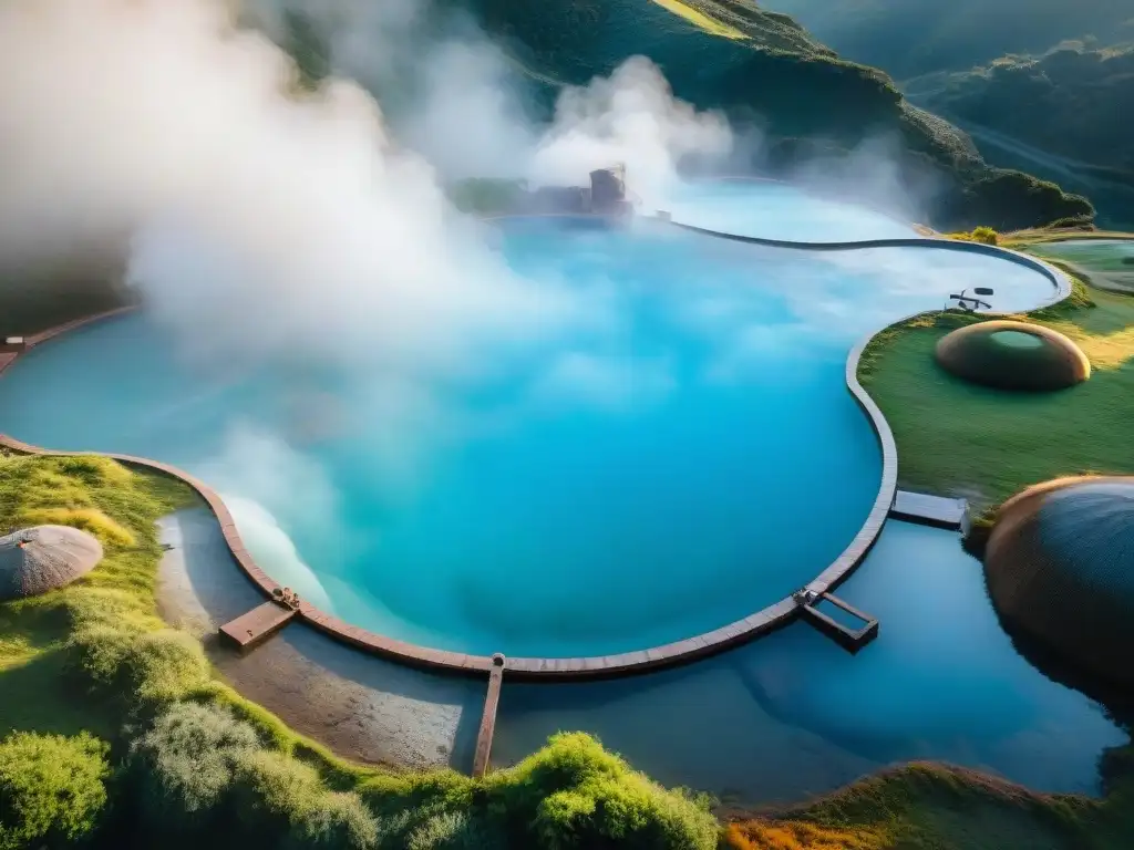 Un paraíso de tranquilidad y salud en Termas del Arapey, Uruguay, con aguas termales rodeadas de exuberante vegetación y colinas, bajo un cielo azul