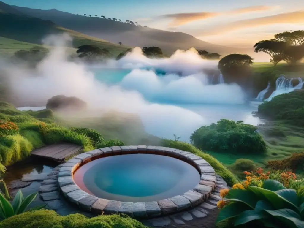 Termas de Uruguay: Serenidad y cultura en aguas termales Un paraíso de tranquilidad en Termas de Uruguay: aguas termales rodeadas de exuberante vegetación, bajo un cielo vibrante al atardecer