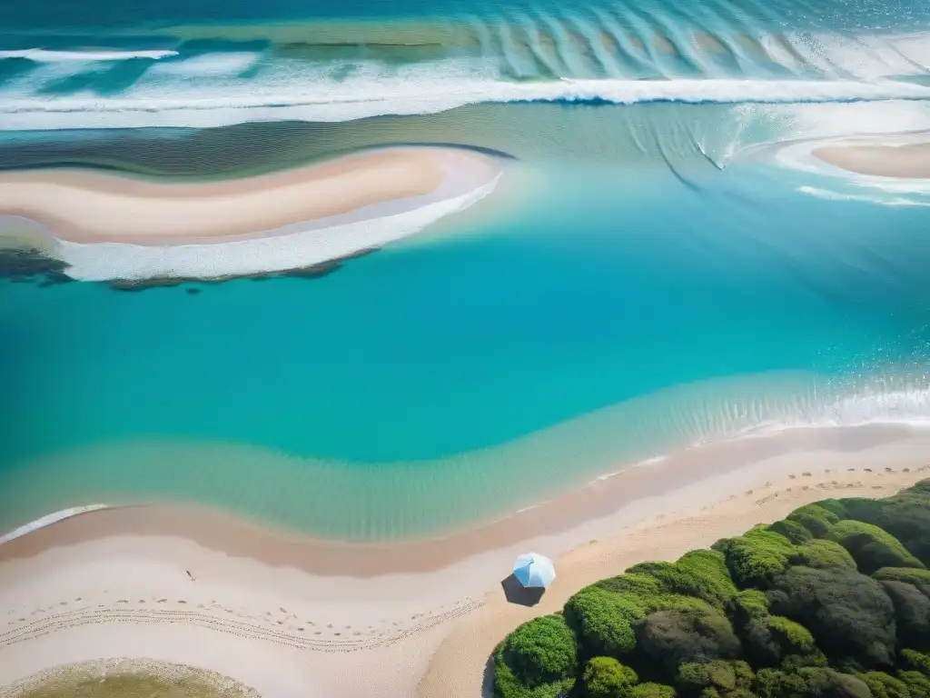 Un paraíso de turismo responsable en costas uruguayas: playa solitaria con aguas turquesas y sombrilla solitaria en la arena