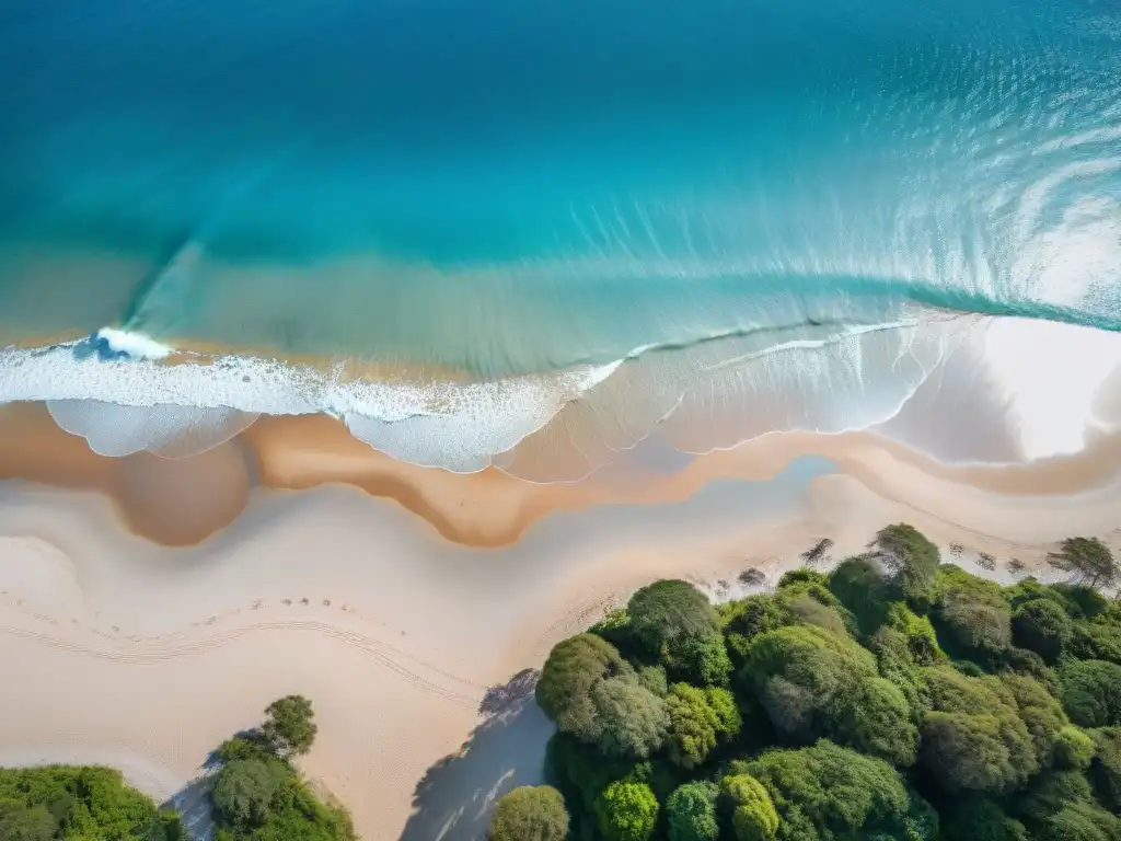 Un paraíso de turismo responsable en Uruguay: playa serena con aguas turquesas, arena dorada y palmeras verdes bajo cielo azul