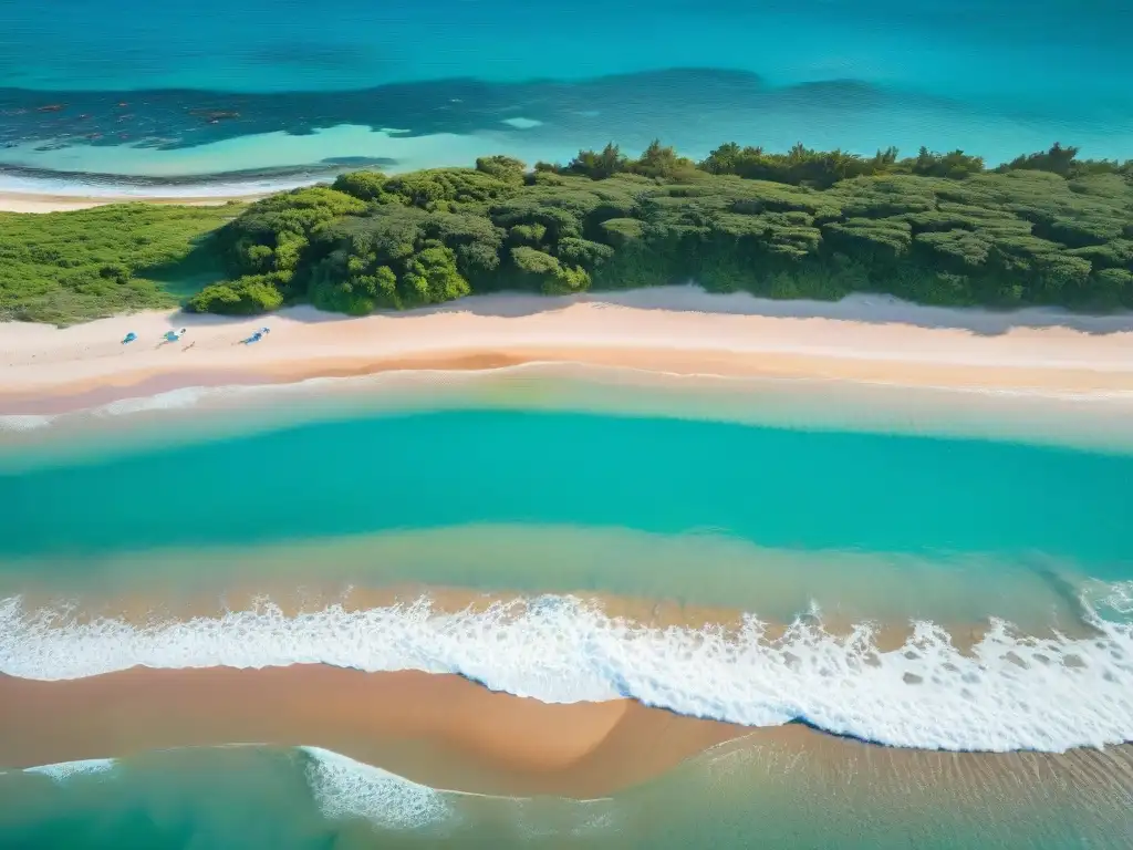 Un paraíso de turismo sostenible en Uruguay: playa virgen, aguas turquesas, arena dorada, viajeros disfrutando actividades respetuosas