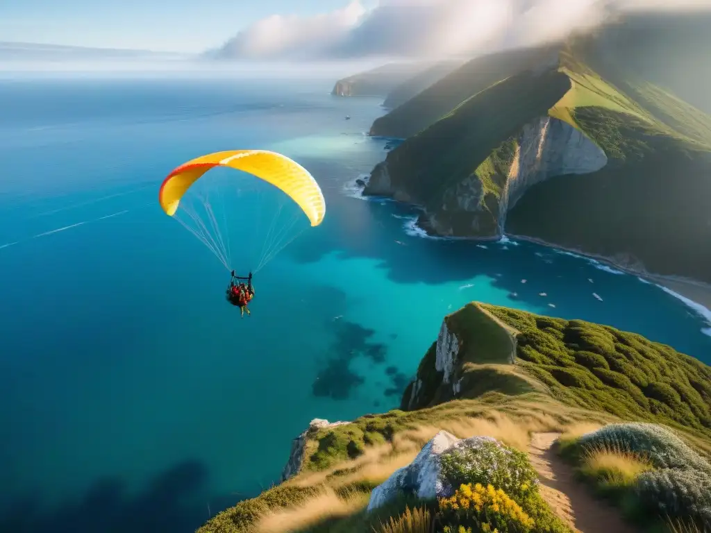 Un parapente en Uruguay surca alturas, superando límites con valentía, en un escenario de ensueño sobre el mar azul