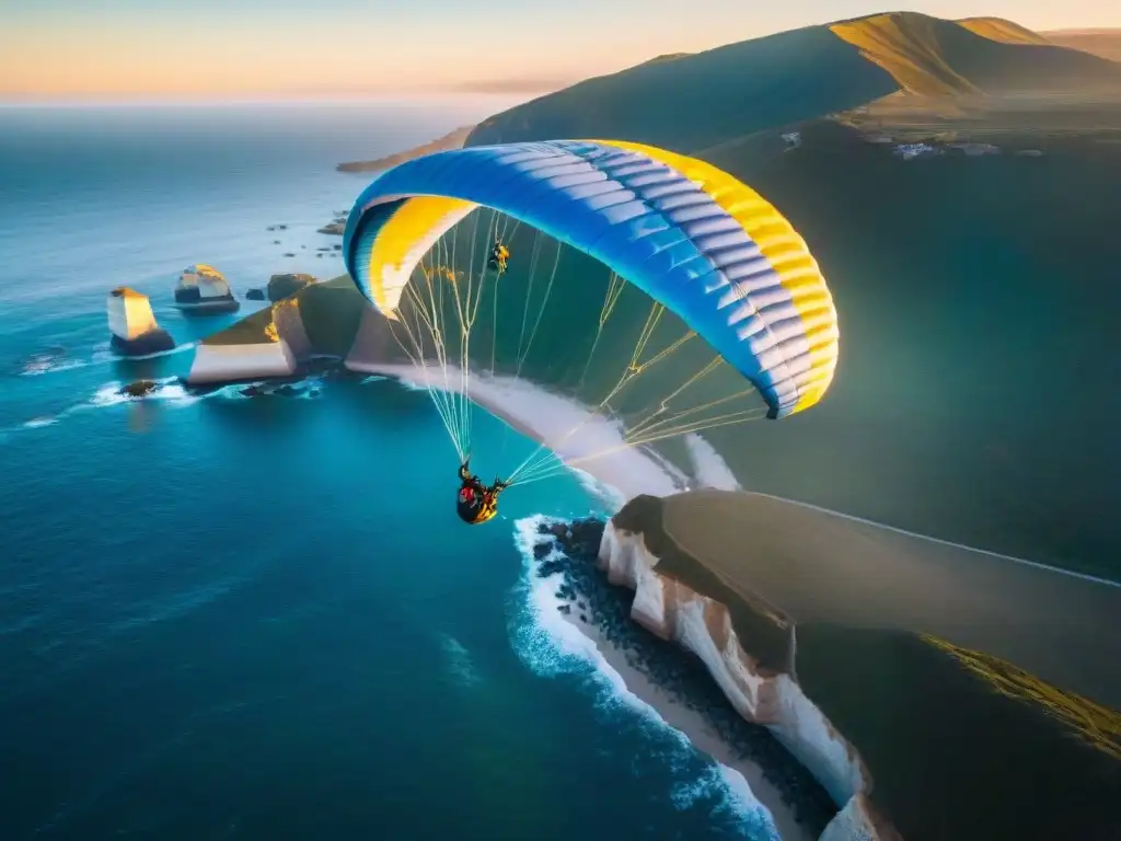 Un parapente colorido surca los acantilados de la costa uruguaya al atardecer, rodeado de gaviotas