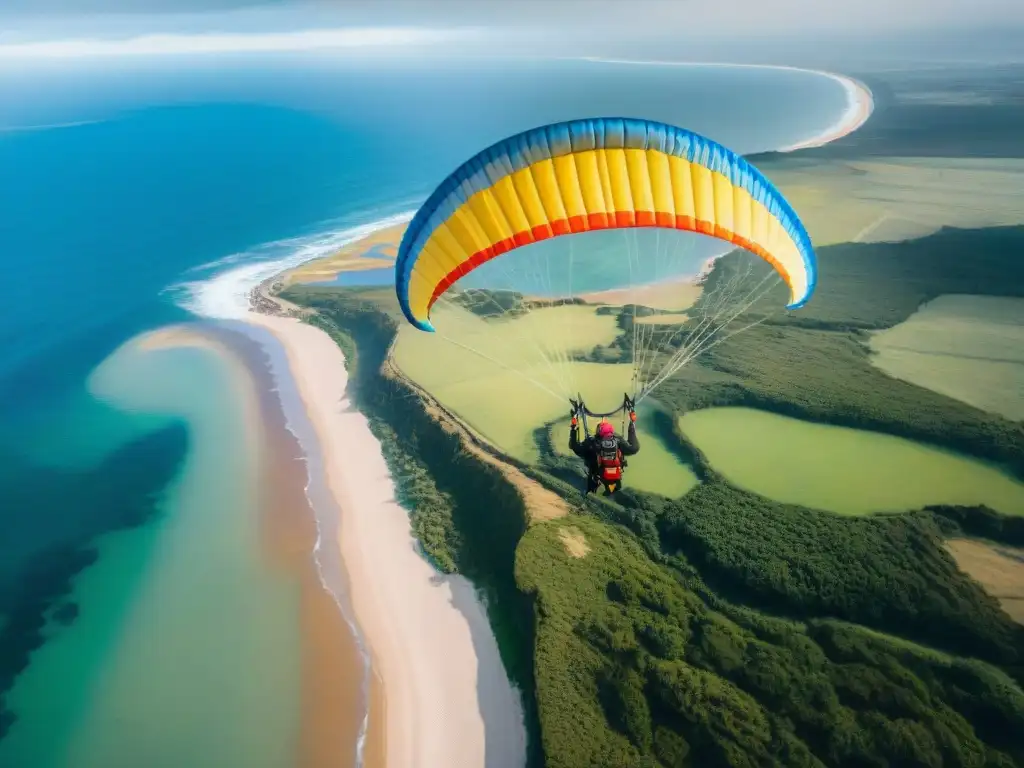 Un parapente colorido surca alto el cielo de Uruguay, con el Atlántico de fondo