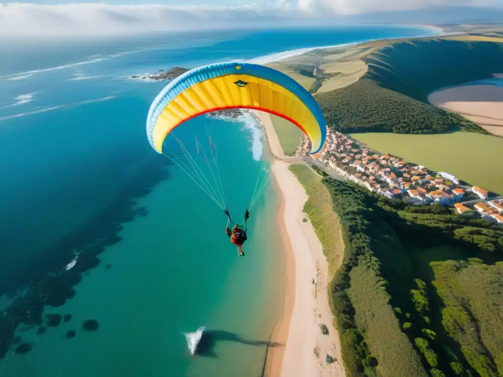 Un parapente colorido vuela sobre la costa de Uruguay, con el Atlántico de fondo