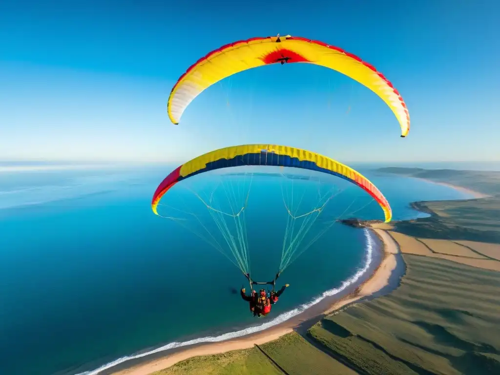 Parapente en la costa uruguaya: Parapentistas volando sobre el cielo azul al atardecer, creando una escena de libertad y belleza