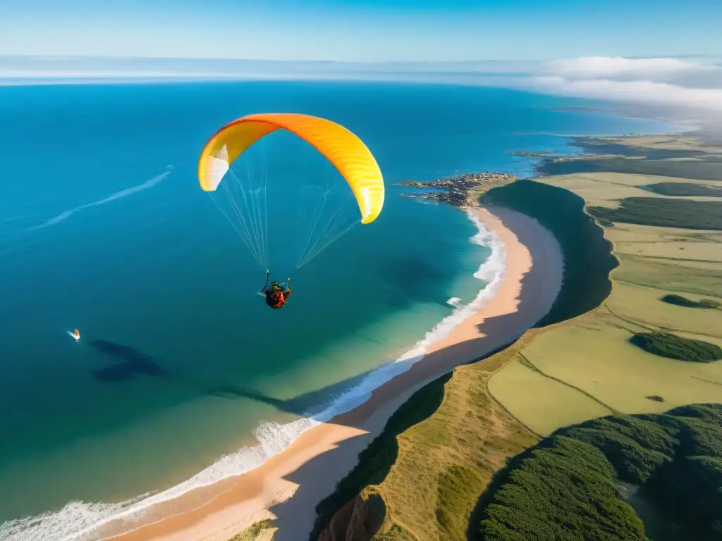 Un parapente en la costa uruguaya, surcando los acantilados de Punta del Este con el fondo del vasto océano Atlántico