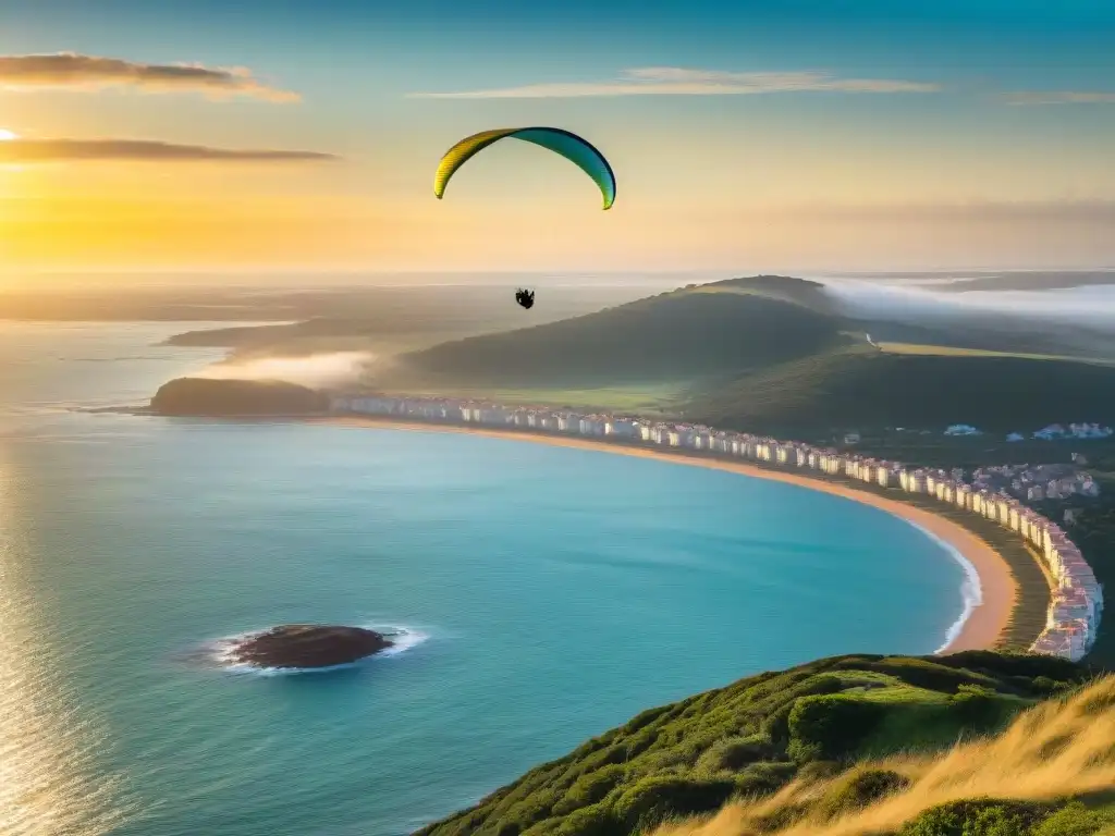 Vuelo épico en Punta del Este: parapente al atardecer Un parapente sobrevolando la impresionante costa de Punta del Este al atardecer