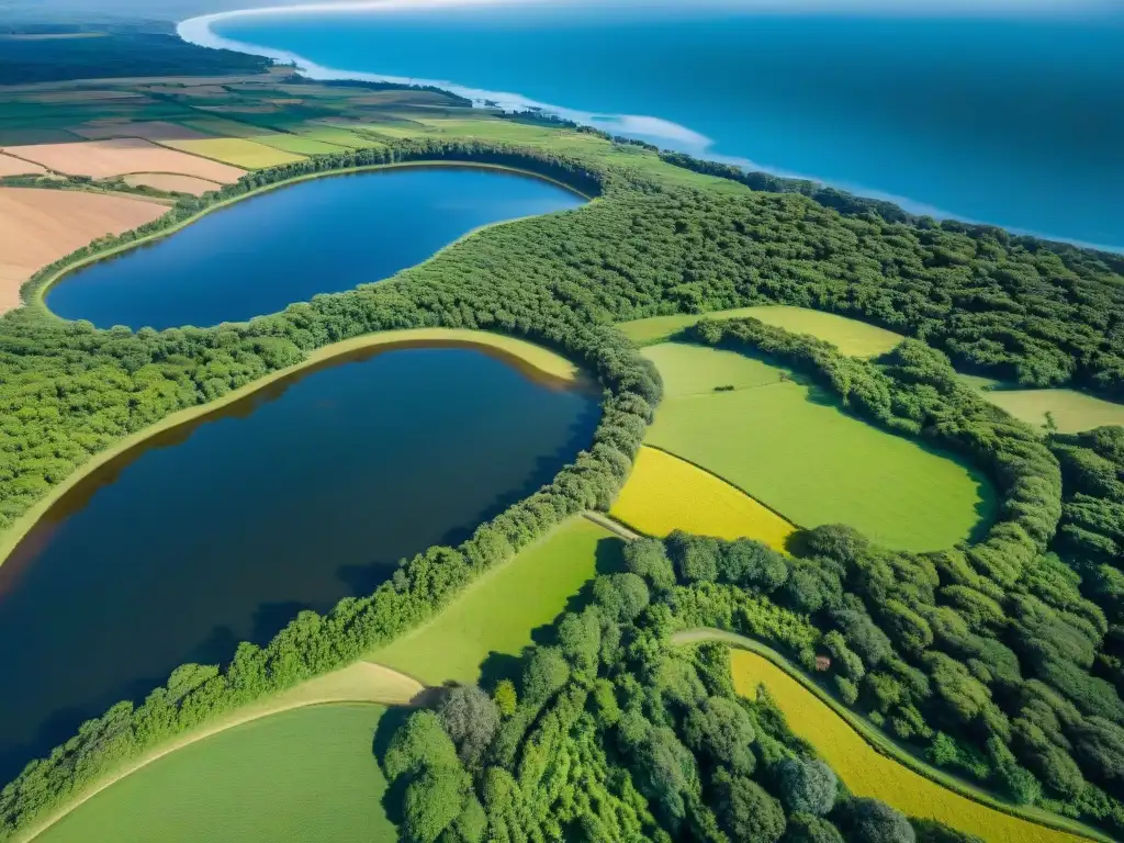 Fotografía aérea de Uruguay desde un parapente: ríos, bosques y campos verdes crean un paisaje cautivador bajo el cielo azul