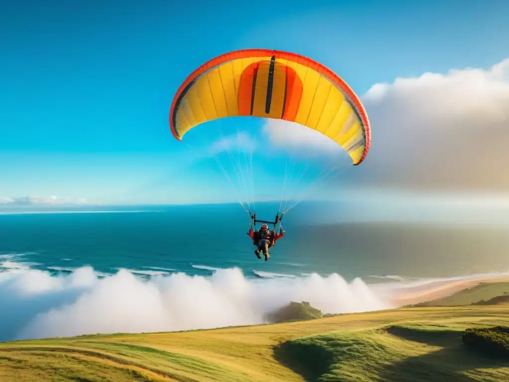 Parapente sostenible en Uruguay: Parapentista surca cielo uruguayo junto a gaviotas al atardecer