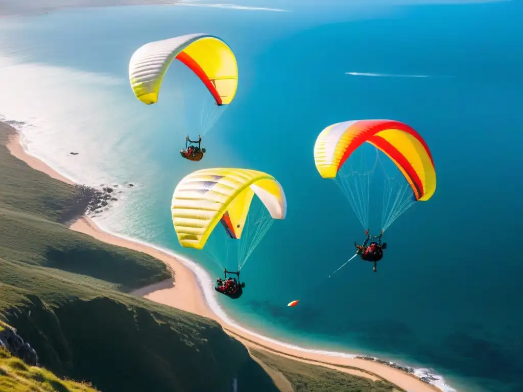 Parapente sostenible en Uruguay: Parapentes coloridos despegan de un acantilado hacia un paisaje costero impresionante