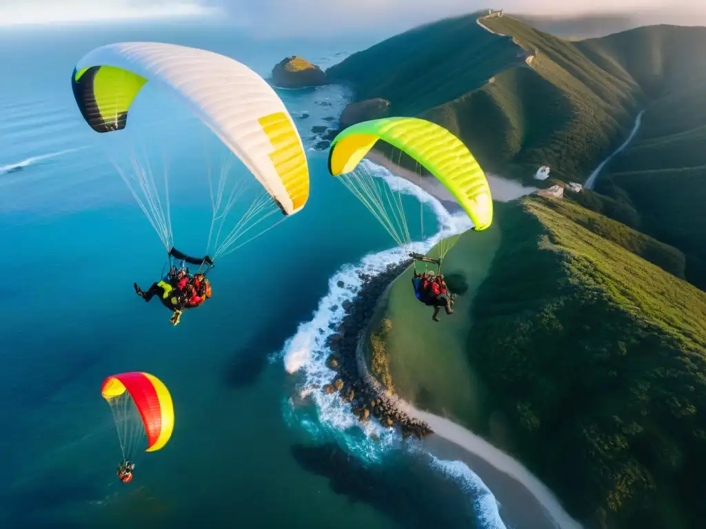 Parapente sostenible en Uruguay: Parapentes coloridos sobrevolando la costa, con el sol de la tarde creando un ambiente sereno y cautivador