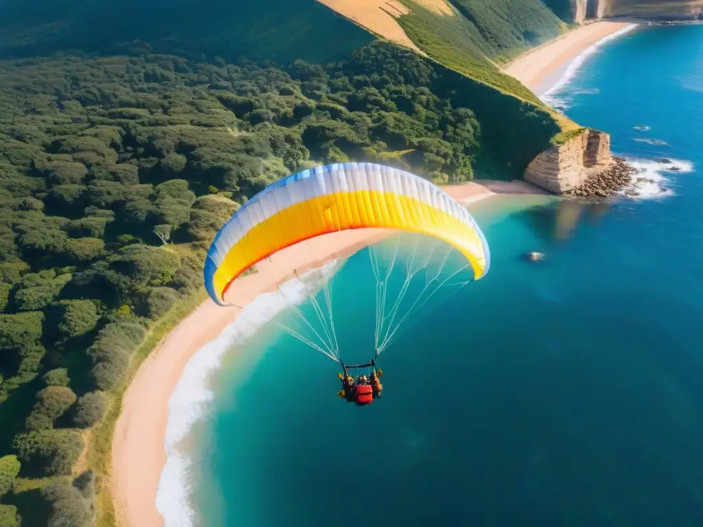 Parapente sostenible en Uruguay: Parapentes coloridos sobrevolando la costa, en armonía con la naturaleza